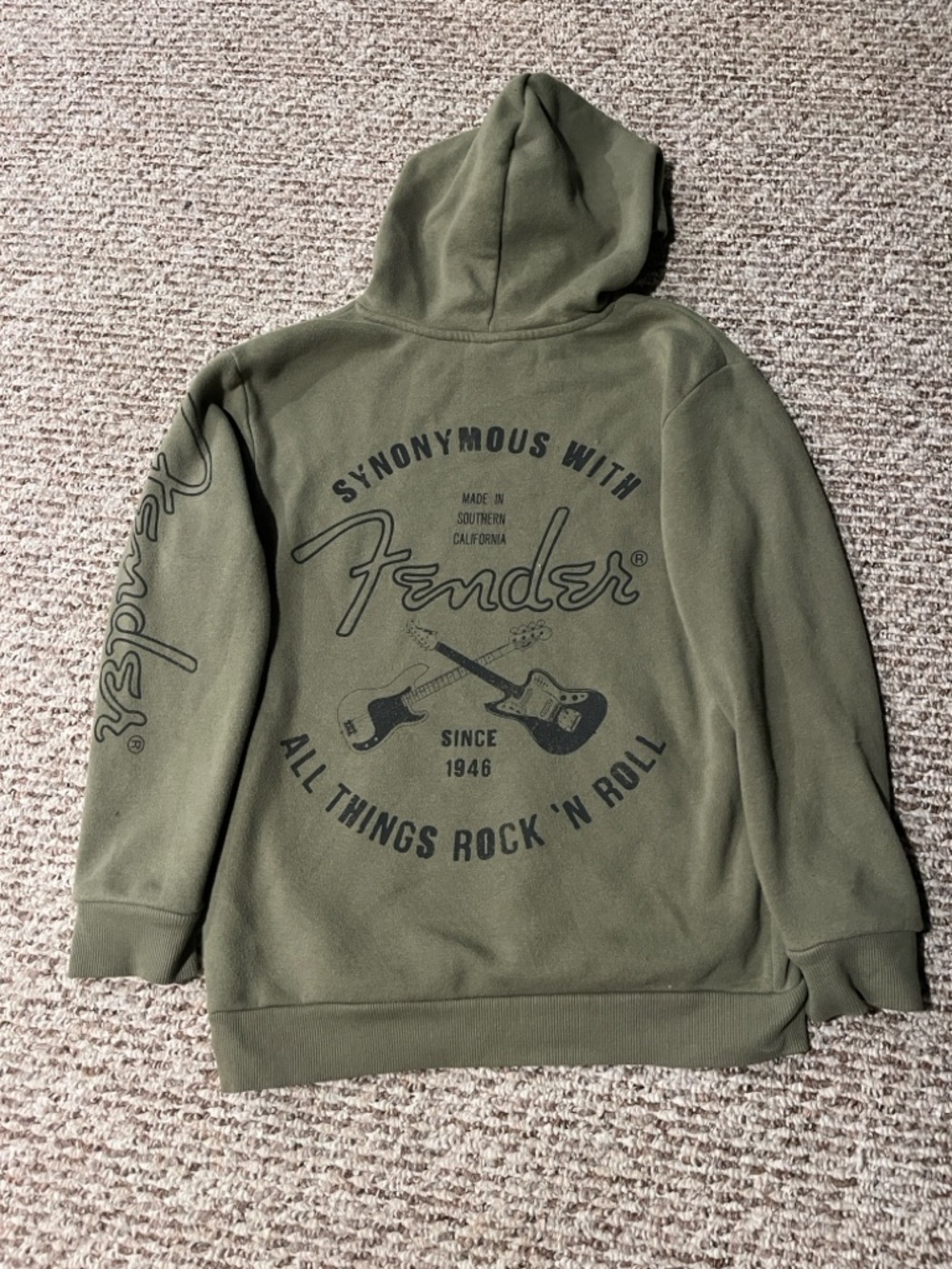 Fender Olive Green Zip-Up Hooded Sweatshirt with Back Graphic